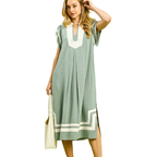 Umgee Leinen Midi-Kleid Mintgrün Baumwolle Kontrast V-Ausschnitt Kurzarm Seitenschlitz