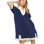Umgee Linen Mini Dress Navy Blue V-Neck White Contrast Trim Ruffle Short Sleeve