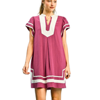 Umgee Linen Mini Dress V-Neck Stripe Contrast Trim Berry Short Sleeve Ruffled