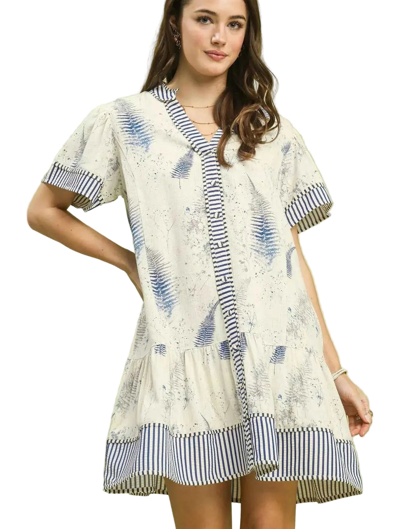 Umgee Linen Printed Button-Front Tiered Mini Dress – Women’s Casual Summer Dress
