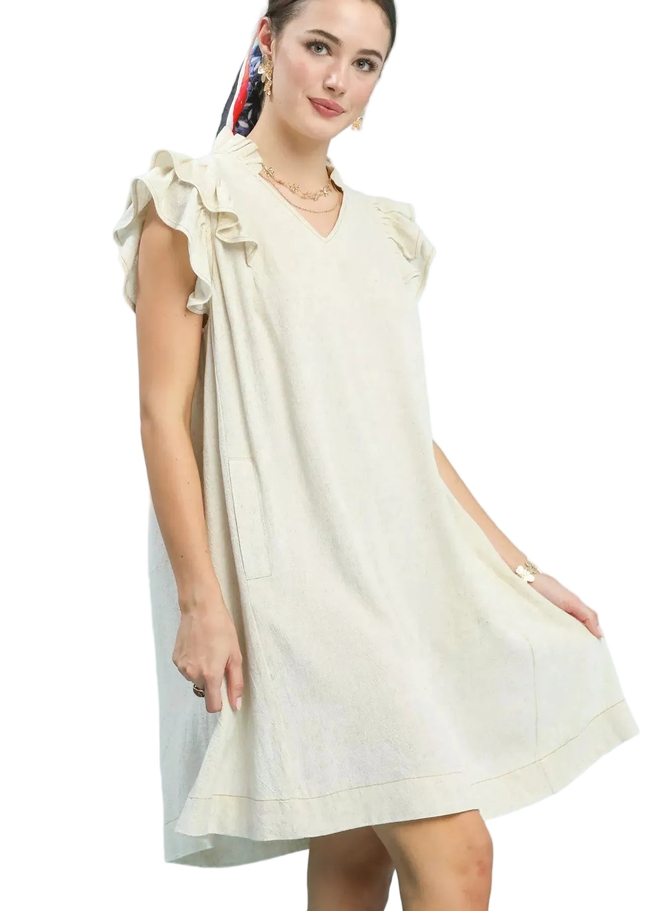 Umgee Linen Shift Dress Beige Flutter Sleeve with Pockets Women’s Casual - Styleinger