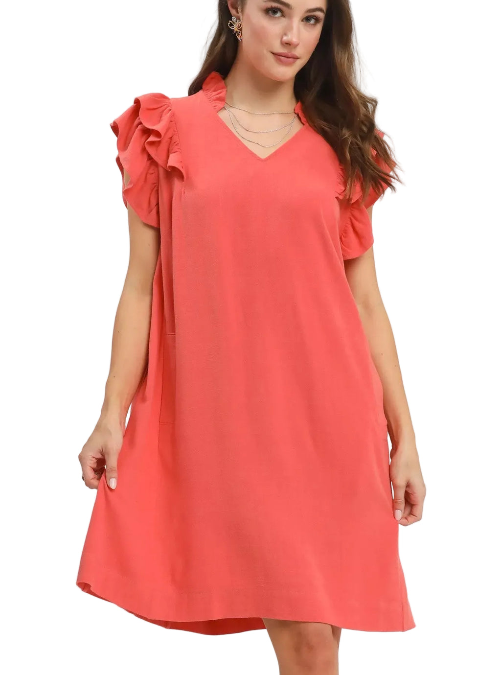 Umgee Linen Shift Mini Dress Carrot Flutter Sleeve with Pockets Women’s Casual - Styleinger