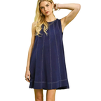 Umgee Linen Sleeveless Swing Dress Casual Navy Stripe Stitches with Pockets