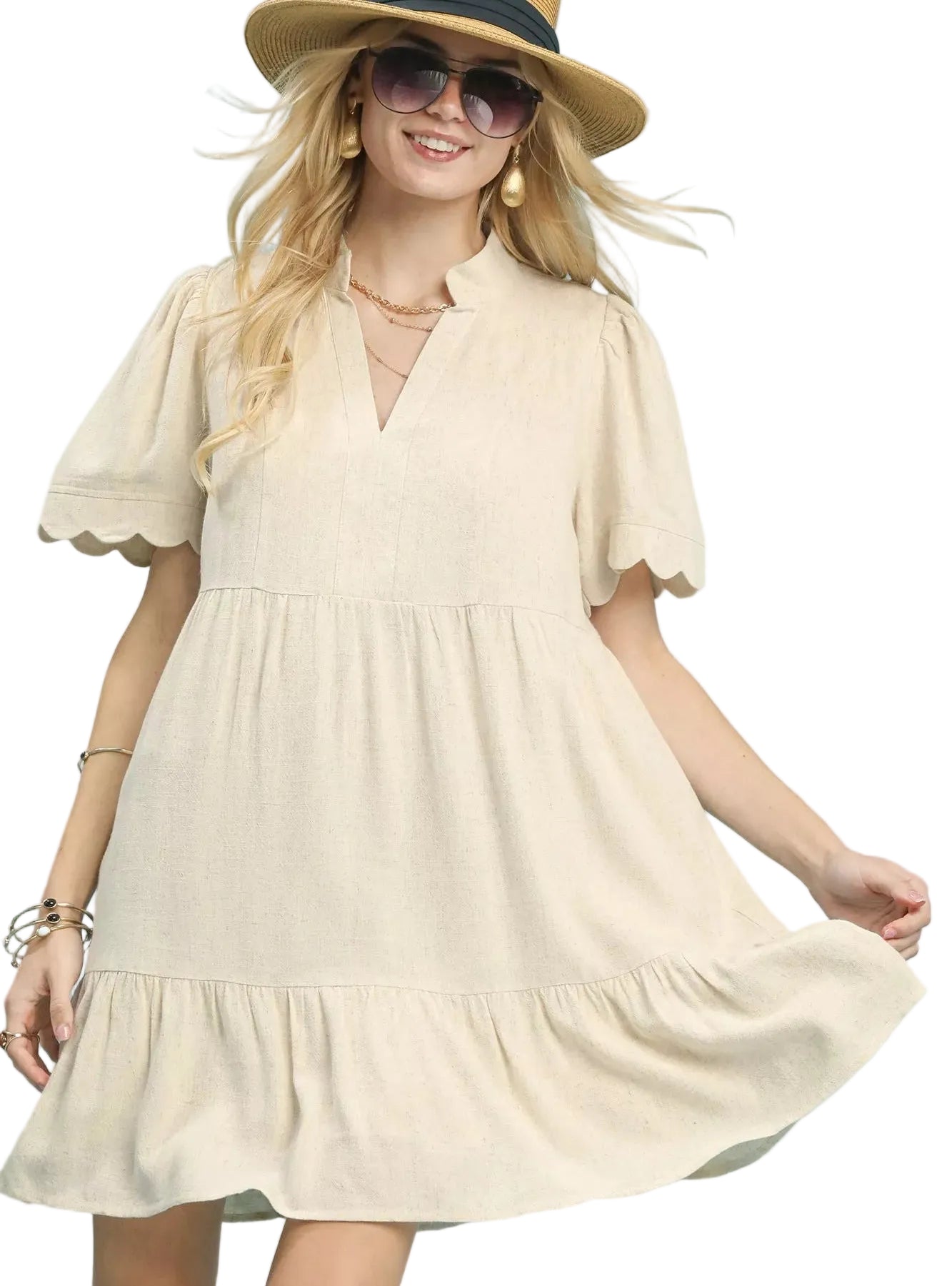 Umgee Linen Tiered Babydoll Mini Dress with Scalloped Sleeves Women V Neck -Styleinger