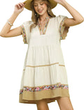 Umgee Linen Tiered Flutter Sleeve Dress with Floral Trim