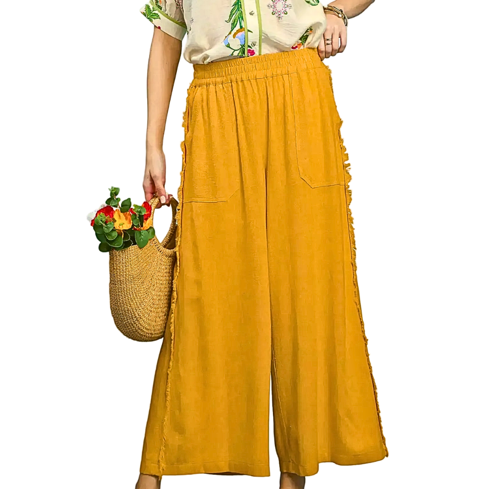 Umgee Linen Wide Leg Pants Elastic High Waist Honey Yellow Raw Hem Loose Trousers