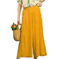 Umgee Linen Wide Leg Pants Elastic High Waist Honey Yellow Raw Hem Loose Trousers