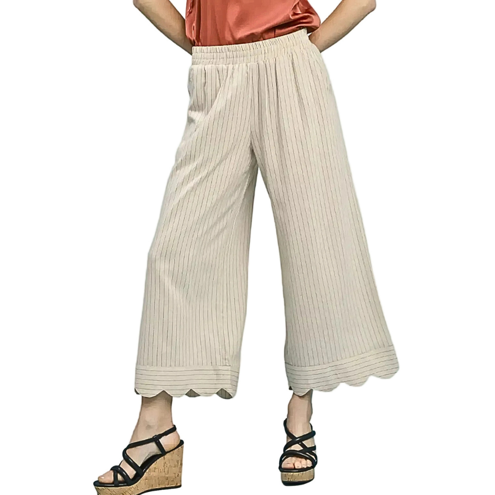 Umgee Linen Wide Leg Pants Pinstripe Drawstring Waist Casual Trousers