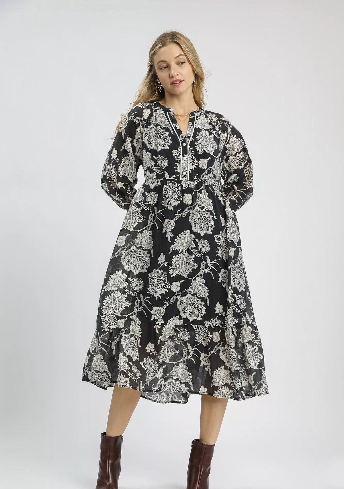 Umgee Floral Print Boho Midi Dress Black