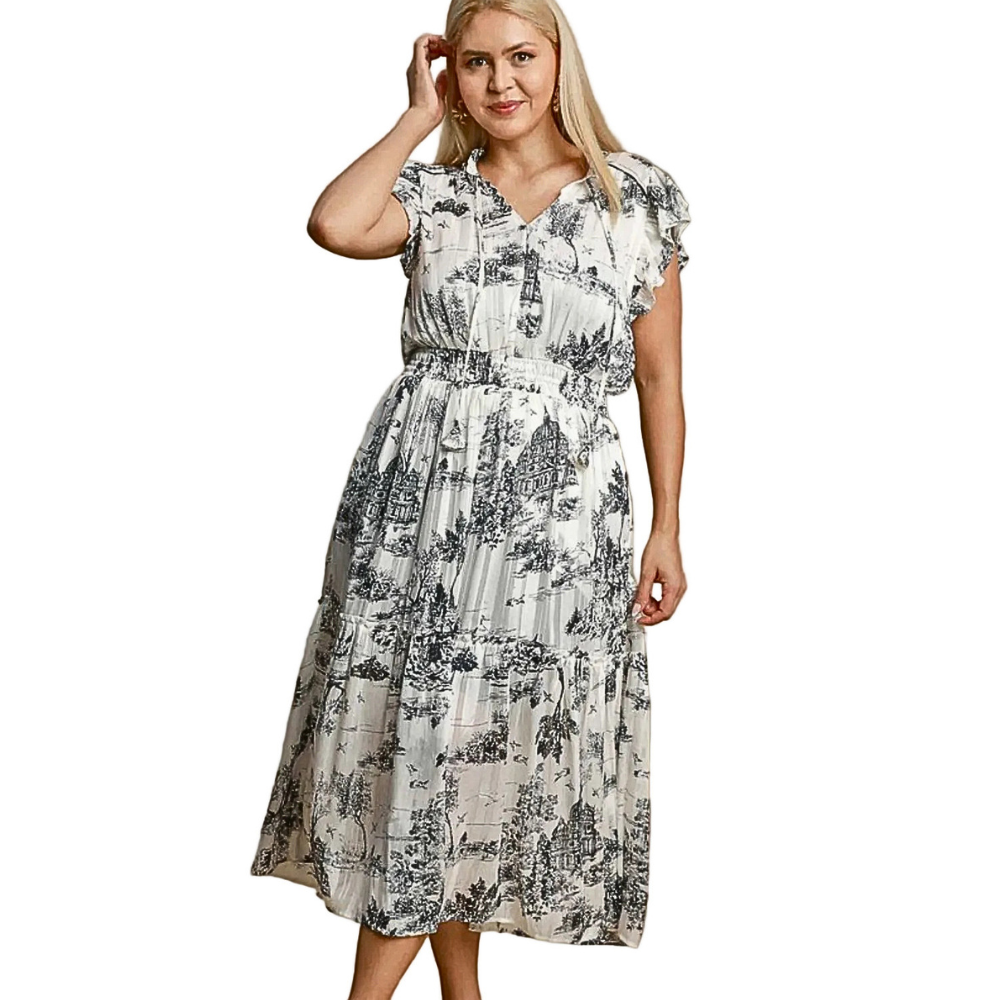 Umgee Midi Dress Black Floral Ruffle Layered V-Neck Tied Elastic Waist Plus Size