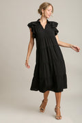 Umgee Midi Dress Black Ruffle Johnny Collar Short Cap Sleeve Tiered Black Umgee_Midi_Dress_Black_Ruffle_Johnny_Collar_Short_Cap_Sleeve_Tiered Trendsi
