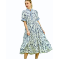 Umgee Midi Dress Blue Floral V-Neck Button Stripe Trim Ruffle Layered Casual