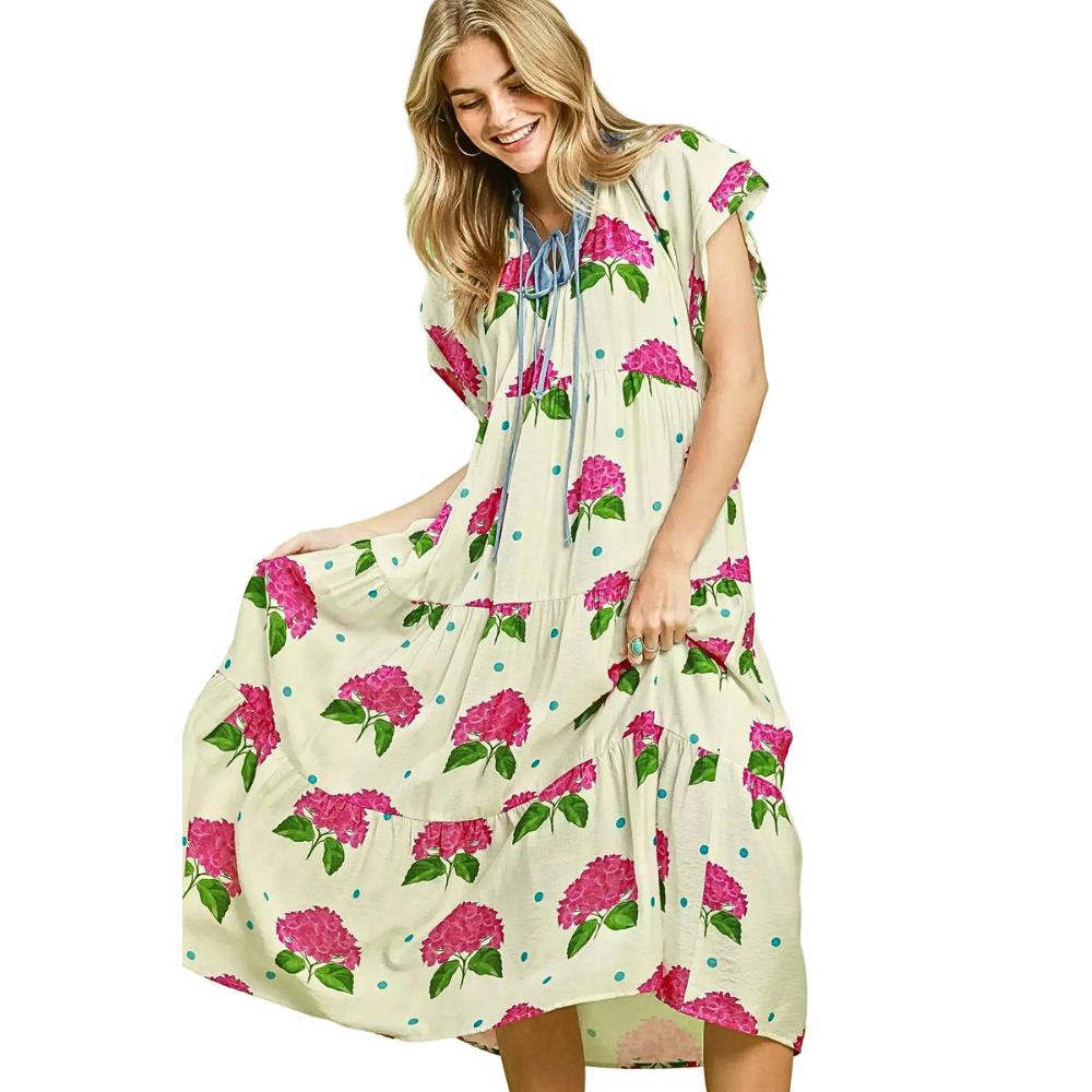 Umgee Midi Dress Cream Hydrangea Flower Print V-Neck Tie Ruffle Layered