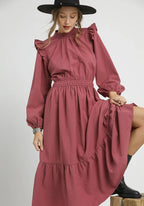 Umgee Midi Dress Dusty Rose Textured with Ruffle Shoulder Long Sleeve Smocked DUSTY ROSE Umgee_Midi_Dress_Dusty_Rose_Textured_with_Ruffle_Shoulder_Long_Sleeve_Smocked Trendsi