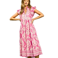 Umgee Midi Dress Floral Leaf Pink V-Neck Stripe Trim Ruffle Short Sleeve Casual Dress
