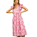 Umgee Midi Dress Floral Leaf Pink V-Neck Stripe Trim Ruffle Short Sleeve Casual Dress
