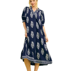 Umgee Midikleid Blumenmuster Marineblau V-Ausschnitt Kontrastkragen Locker Seitenschlitz Boho