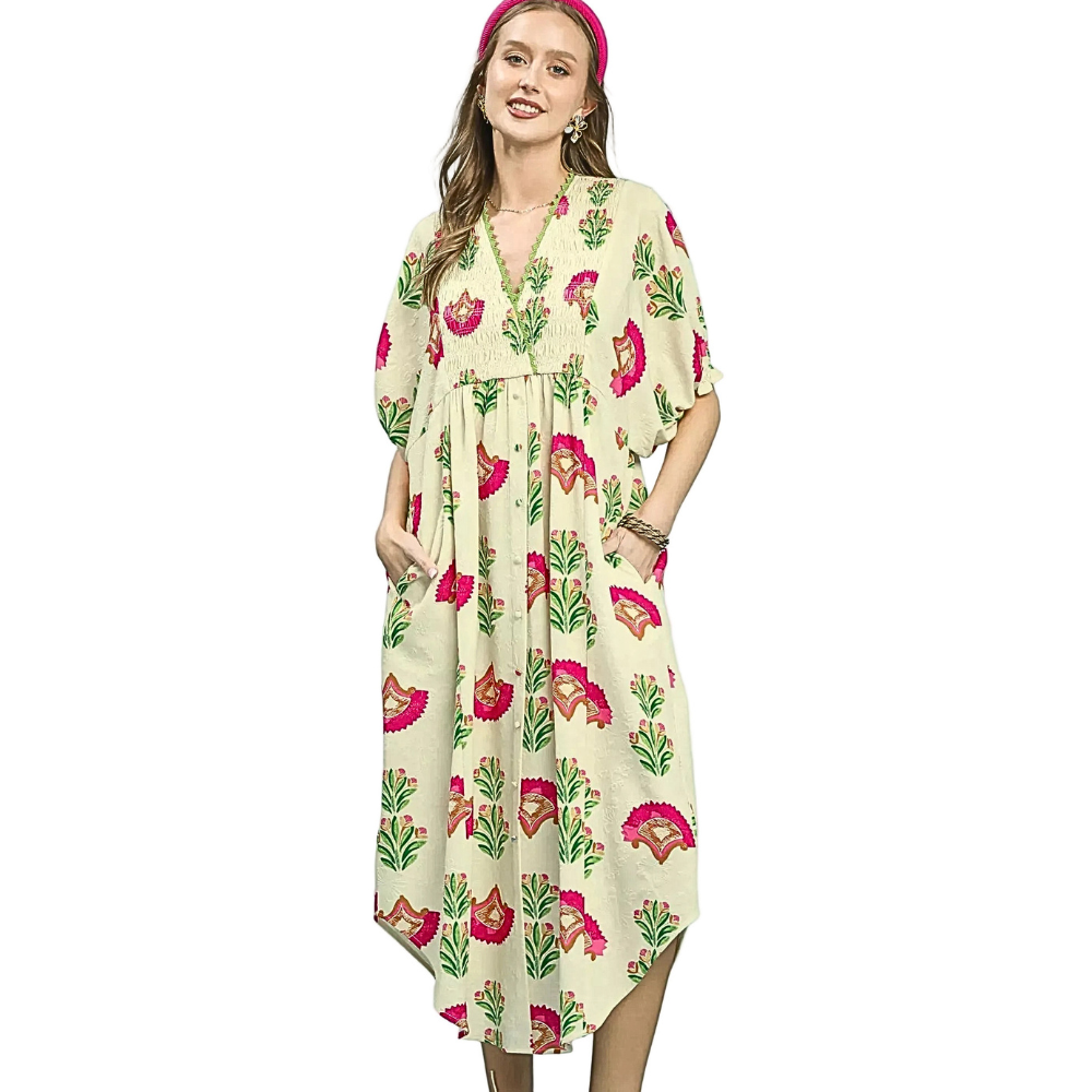 Umgee Midi Dress Floral Print V-Neck Ruffle High Low Side Loose with Pockets