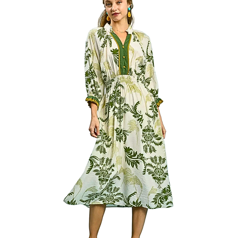 Umgee Midi Dress Floral V-Neck Stripe Trim Button Elastic High Waist Green Ruffled