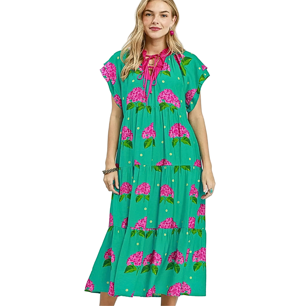 Umgee Midi Dress Green Hydrangea Flower Print V-Neck Tie Ruffle Layered