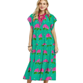 Umgee Midi Dress Green Hydrangea Flower Print V-Neck Tie Ruffle Layered