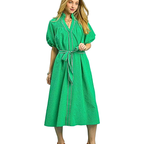 Umgee Midi Dress Green V-Neck Ruffle Collar Belted with Stripe Trim Short Sleeve