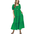 Umgee Midi Dress Green Textured Ruffle Layered Square Neck Short Sleeve