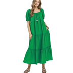 Umgee Midi Dress Green Textured Ruffle Layered Square Neck Short Sleeve