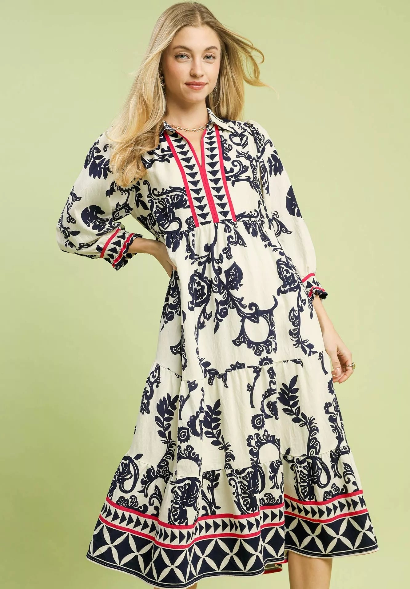 Umgee Midi Dress Navy Floral Boho Print Tiered Ruffle 3/4 Sleeves NAVY Umgee_Midi_Dress_Navy_Floral_Boho_Print_Tiered_Ruffle_3_4_Sleeves Trendsi