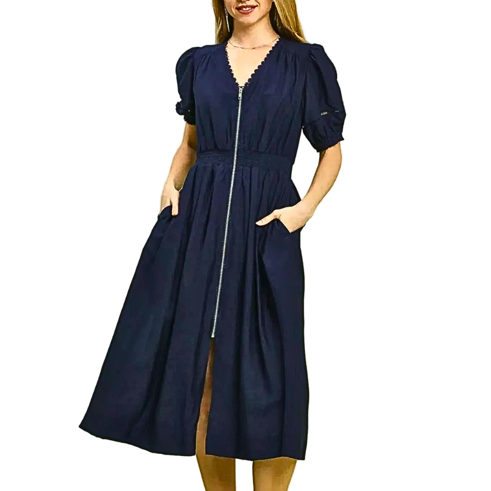 Umgee Midi Dress Navy Zip Up V-Neck Lace Trim Elastic Smocked Waist with Pockets