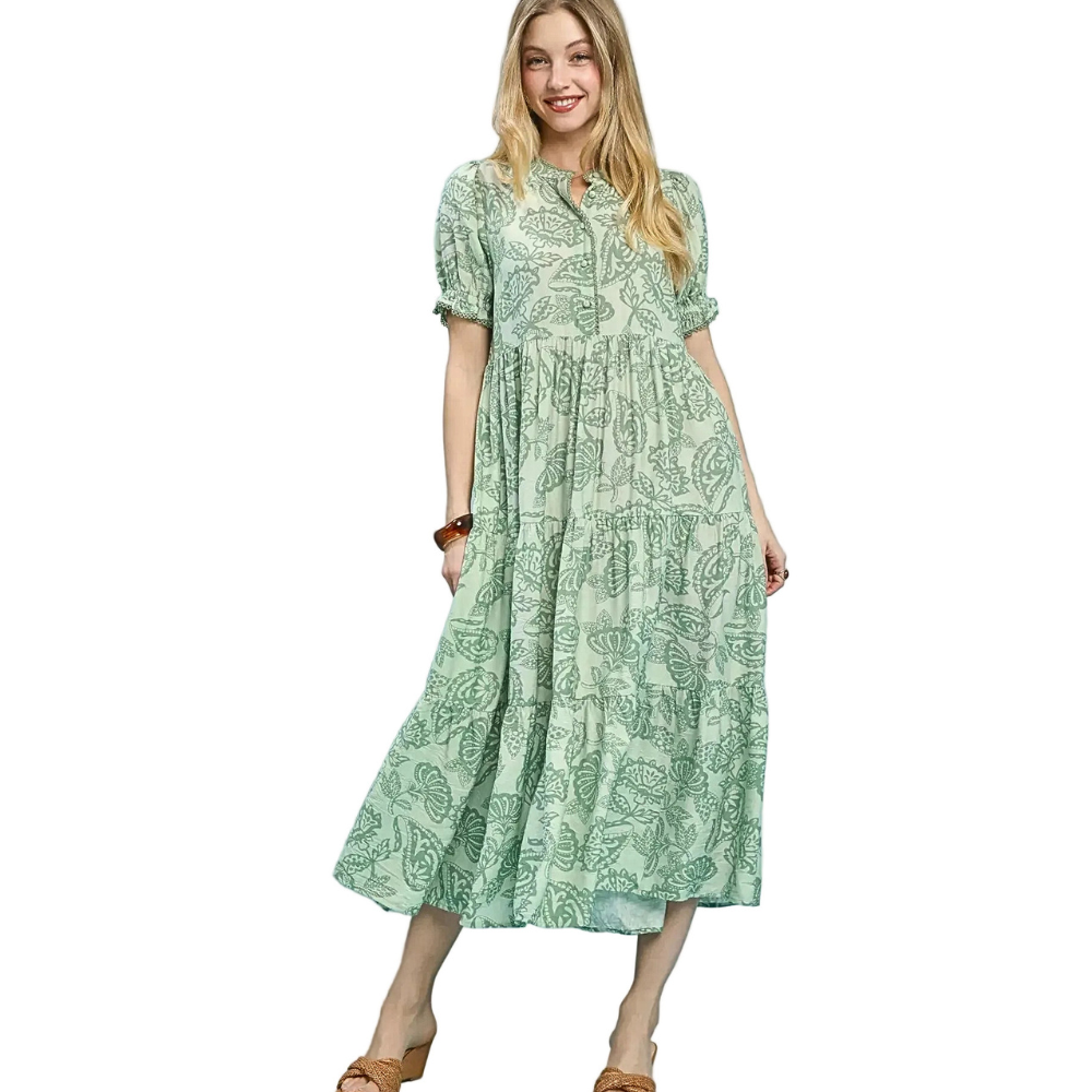 Umgee Midi Dress Paisley Print Light Green Ruffle Layered Half Button Short Sleeve