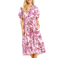 Umgee  Midi Dress Pink Abstract Floral Print Smocked Tie-Waist Ruffle with Pockets