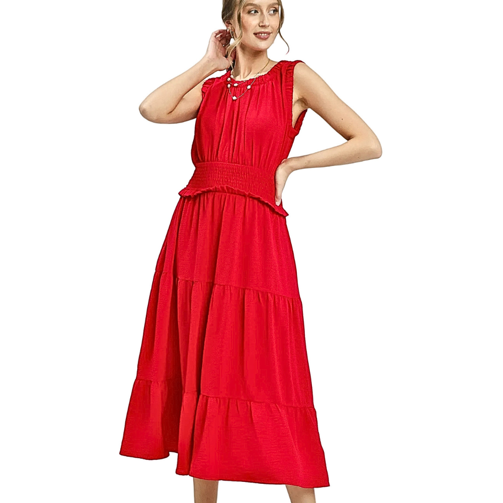 Umgee Midi Dress Red Sleeveless Ruffle Layered Smocked Waist Casual Summer