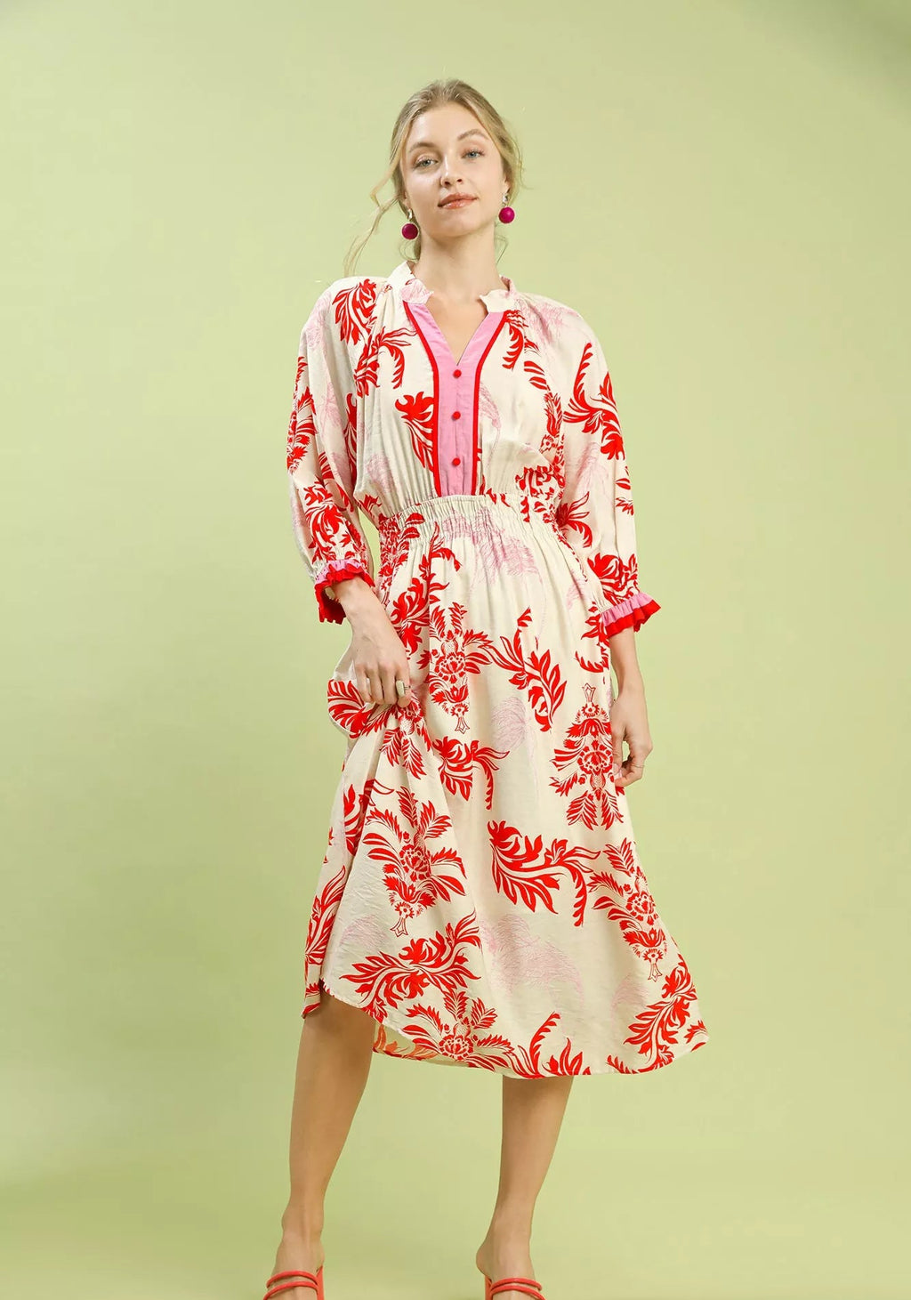 Umgee Midi Dress Red Tropical Print Button Detail Ruffled Smocked 3/4 Sleeve TOMATO Umgee_Midi_Dress_Red_Tropical_Print_Button_Detail_Ruffled_Smocked_3_4_Sleeve Trendsi