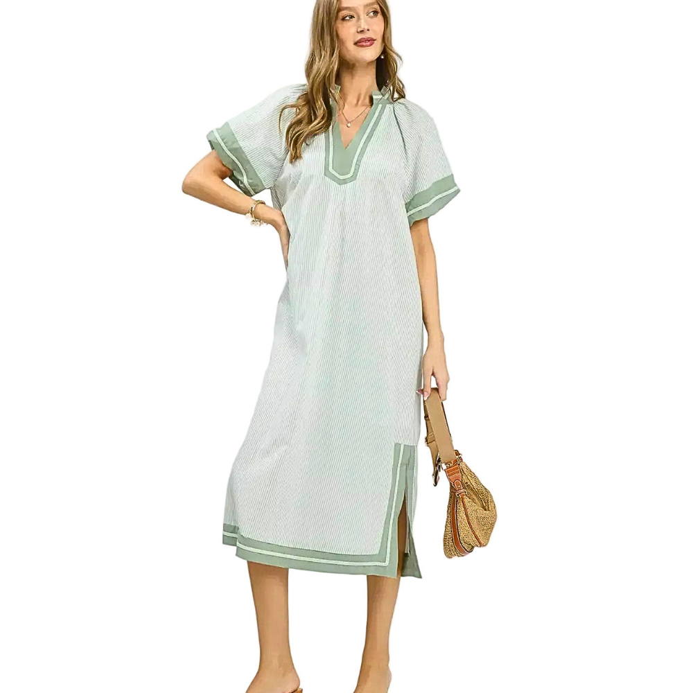 Umgee Midi Dress Striped Sage Green V-Neck Trim Side Slits Short Sleeve Shift