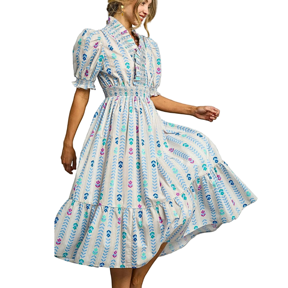 Umgee Midi Dress V-Neck Ruffle Smocked White Floral Colorful Print Boho Short Sleeve