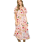 Umgee Midi-Kleid V-Ausschnitt Sommer Bunt Pink Print Rüschen Kurzarm Mit Taschen