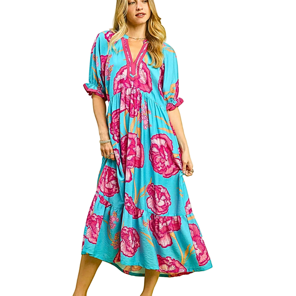 Umgee Midi Dress V-Neck Trim Blue Floral Rose Print Ruffled High Waist Short Sleeve