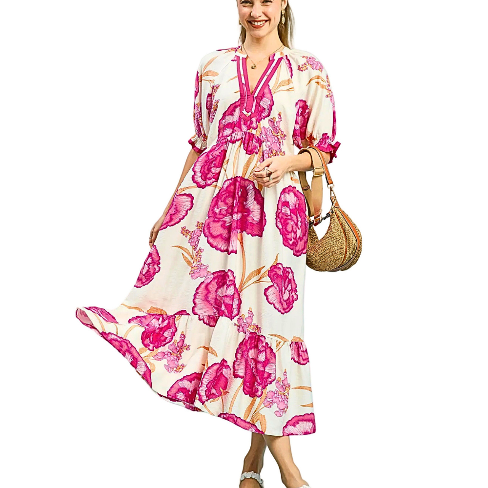 Umgee Midi Dress V-Neck Trim Cream Floral Rose Print Ruffled High Waist Short Sleeve