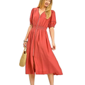 Umgee Midi Dress V-Neck Zipper Lace Trim Smocked Elastic Waist Short Puff Sleeve