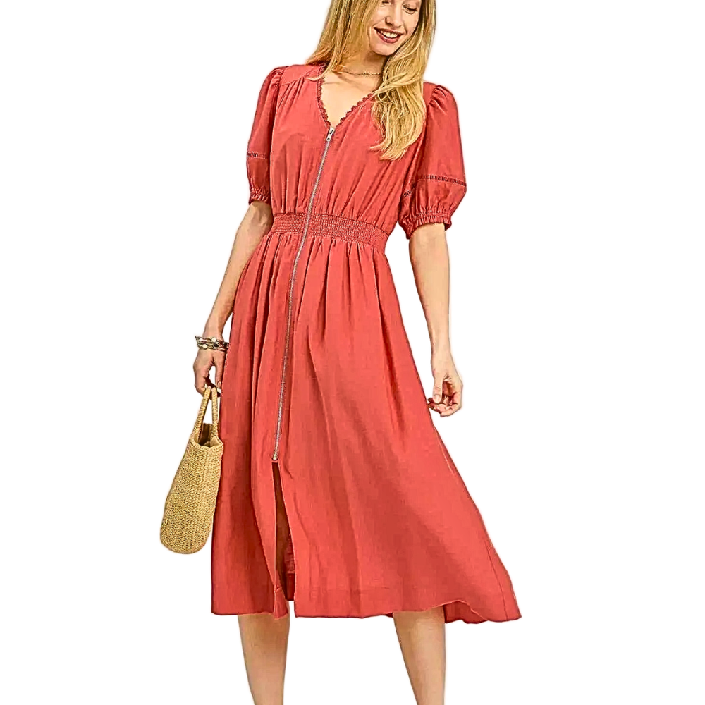 Umgee Midi Dress V-Neck Zipper Lace Trim Smocked Elastic Waist Short Puff Sleeve