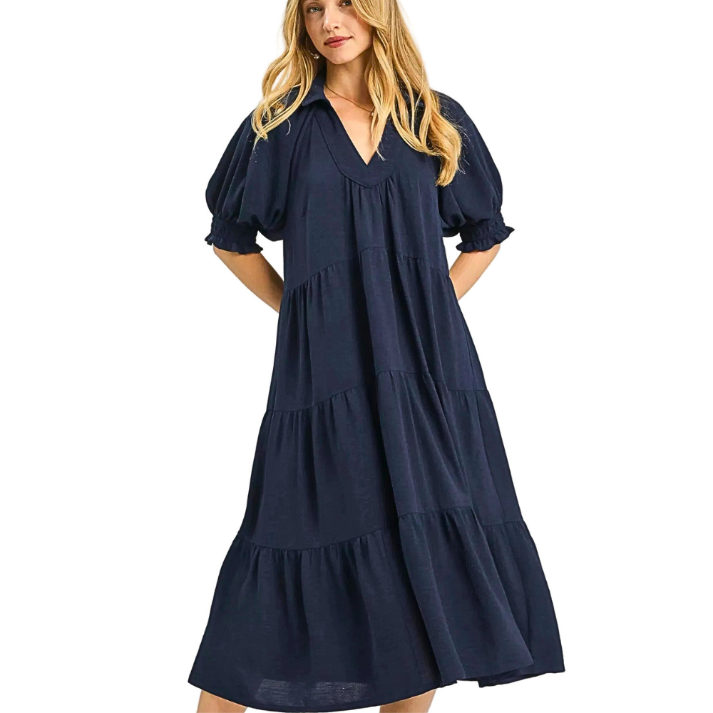 Umgee Midi Dress V-neck Ruffle Layered Navy Blue Short Balloon Sleeve Casual