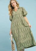 Umgee Midi DressvGeometric Print Sage Green Short Ballon Sleeve with Pockets Sage Umgee_Midi_DressvGeometric_Print_Sage_Green_Short_Ballon_Sleeve_with_Pockets Trendsi