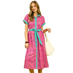 Umgee Midi Shirt Dress Button-up Belted Pink Floral Mix Short Sleeve Casual