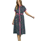 Umgee Midi Shirt Dress Floral Plaid Mix Belted Cotton Navy Blue Short Sleeve