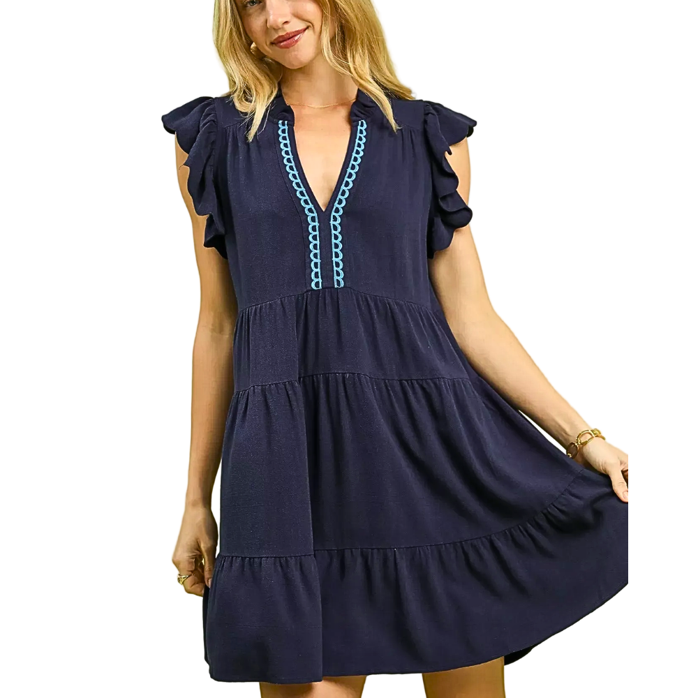Umgee Mini Babydoll Dress Linen Cotton V-neck Lace Trim Navy Ruffled Short Sleeve