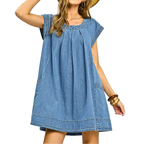 Umgee Jeans Mini Kleid Rüschen Stonewashed Kurzarm Kappenärmel Locker mit Taschen