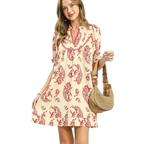 Umgee Mini Dreess Casual Paisley Red Print V-Neck Scalloped Trim Ruffle Sleeve