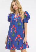 Umgee Mini Dress Blue Floral Print Puff Short Sleeve with Scallop Trim BLUE Umgee_Mini_Dress_Blue_Floral_Print_Puff_Short_Sleeve_with_Scallop_Trim Trendsi