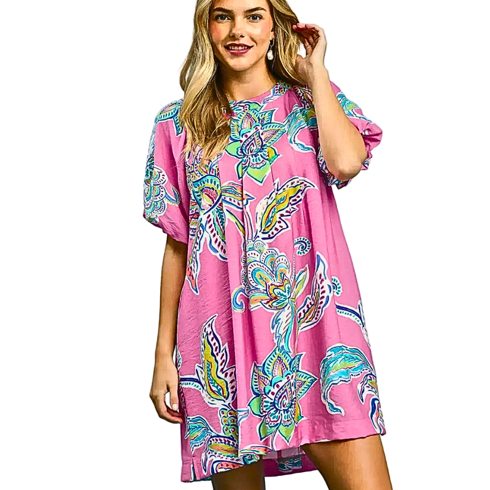 Umgee Mini Dress Ruffle Boho Paisley Print Pink Round Neck Ballon Sleeve